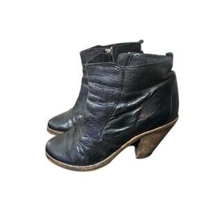 All Saints EU 39 US 8.5 Black Leather Ankle Boot Wood Chunky Block Heel Side Zip